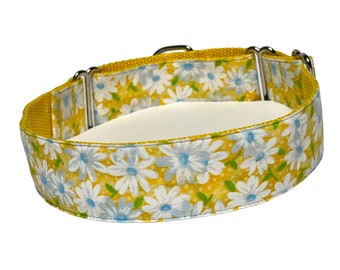 Yellow daisies martingale dog collar with adjustable sizing on yellow webbing