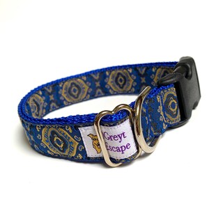 Blue Moroccan inspired dog collar with buckle on royal blue webbing with a medieval renaissance flair