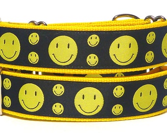 Smiley face martingale dog collar with yellow and black design, happy face dog collar, greyhound collar, no slip collar