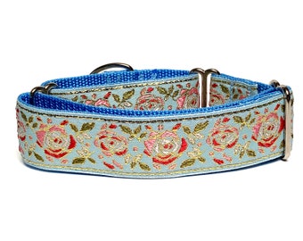 Floral martingale dog collar with blue metallic design, Buttercup blue