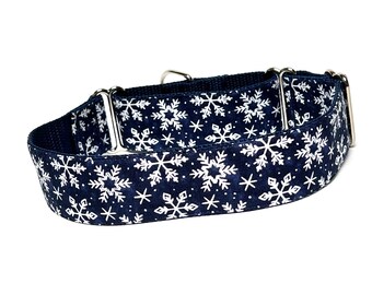 Holiday Christmas martingale dog collar with snowflakes on navy blue, Christmas dog collar, holiday dog collar, H3001M