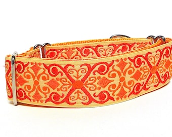 Oranje middeleeuwse martingale hondenhalsband in mandarijnoranje met renaissance-ontwerp, windhondenkraag, geen sliphalsband, Camelot