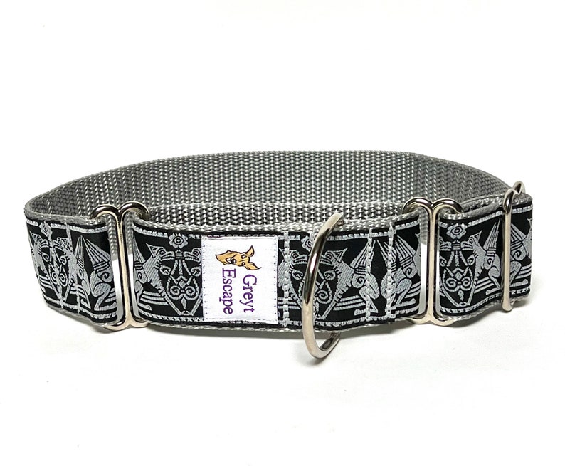 Egyptian dog martingale dog collar in black and silver, Greyhound Collar, Sighthound Collar, no-slip collar, EGYPTIAN DOG image 3