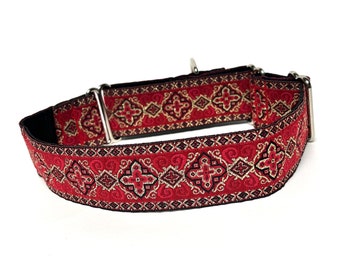Medieval martingale dog collar in a red metallic renaissance design, no-slip training collar, greyhound or sighthound collar, kings court