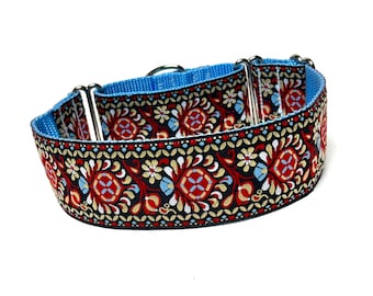 red and blue 2" wide floral martingale dog collar, greyhound collar, training collar, no-slip collar, FLAMENCO