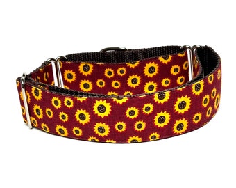 Sunflower martingale dog collar in warm brownish-burgundy and yellow design, floral greyhound collar, fall dog collar