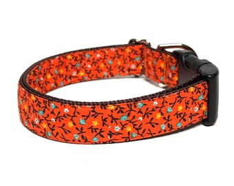 Orange floral dog collar with buckle, orange adjustable dog collar with flowers, spring floral collar, Meadow