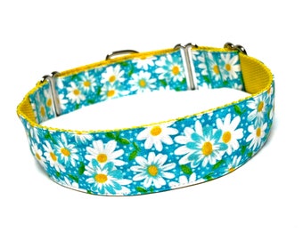 Daisy Floral Martingale Dog Collar: Teal & Yellow Spring Design
