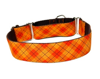 Martingale dog collar in an orange Harvest Plaid design, adjustable no-slip training collar, fall collar, autumn collar, plaid dog collar