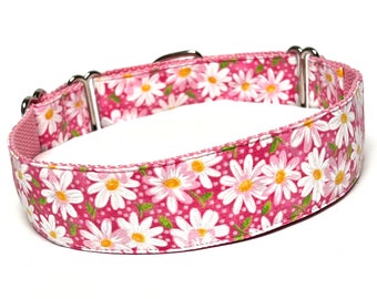 Daisies pink and white martingale dog collar, daisy dog collar, floral dog collar, floral martingale collar, Daisies