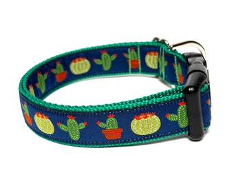 Cactus dog collar with buckle in blue and green, succulent dog collar, desert dog collar