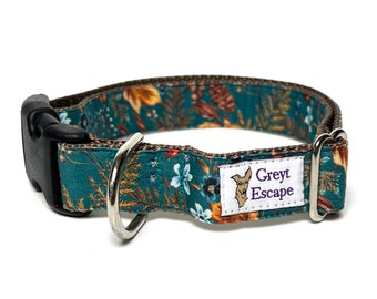 Autumn Adjustable Dog Collar with Buckle With Teal Leaves in a Botanical design