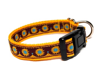 Yellow gold and burgundy floral dog collar with buckle 3/4" wide, adjustable dog collar, Sunset