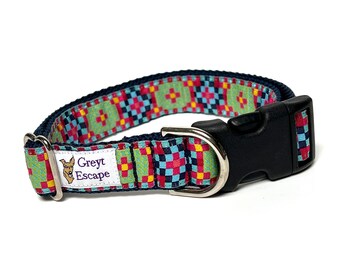 Graphic Art in a fun colorful design creates a unique adjustable dog collar with buckle