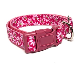 Fuchsia Floral Adjustable Dog Collar with Buckle, Pink Flower Daisies