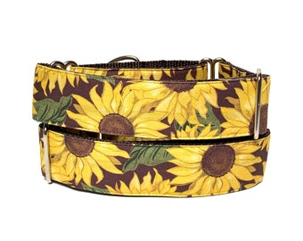 Yellow sunflower martingale dog collar, no-slip training collar, floral greyhound collar, no slip dog collar