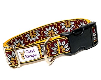 Floral dog collar with buckle, yellow buckle collar, brown dog collar, burgundy dog collar, spanish flower, La Flor