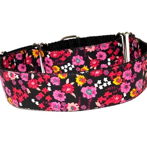 A bold pink fuchsia floral martingale collar with black webbing perfect for every season