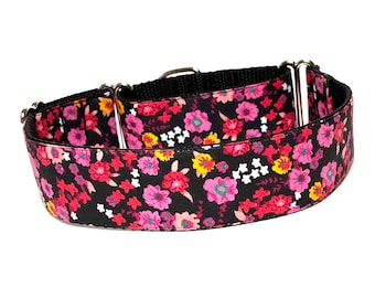 Martingale dog collar in bold pink and black floral design, training no-slip collar, Fusion