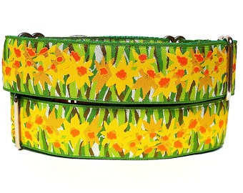 Floral martingale dog collar with yellow daffodils design, no-slip training collar, greyhound collar