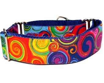 Colorful martingale dog collar, purple pink and yellow tie dye martingale collar, Whirlpool