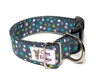 Gray polka dot dog collar with buckle, adjustable dog collar, big dog collar, easter dog collar, spring dog collar