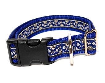 Blue dog collar with gold metallic flower design, dog collar with buckle, Floral dog collar, GENEVIEVE