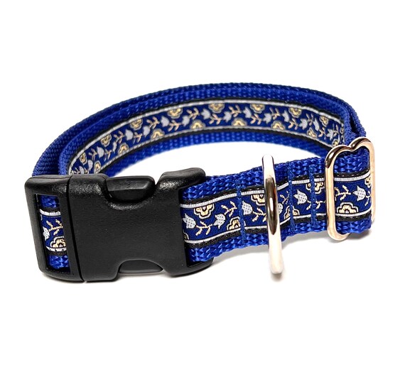Blue Dog Collar With Gold Metallic Flower Design Dog Collar With