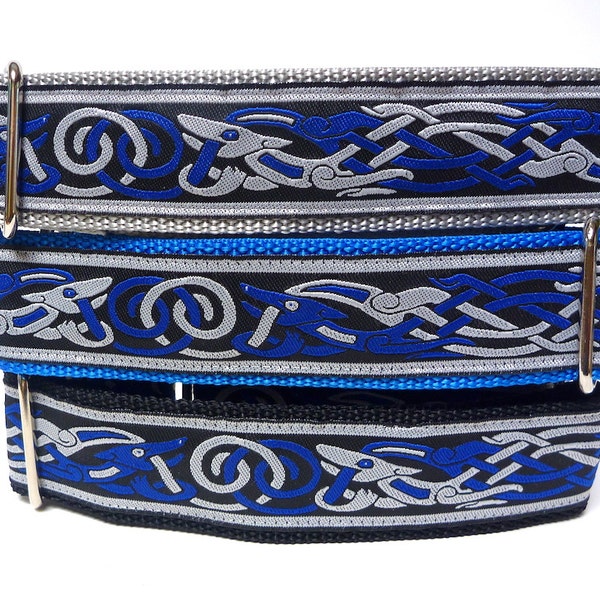 Martingale dog collar in a blue Celtic dog design, no-slip training collar, Egyptian dog, greyhound or sighthound collar, Celtic Dog1