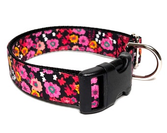 Pink floral dog collar with buckle, fuchsia adjustable dog collar with flowers, spring floral collar, Fusion