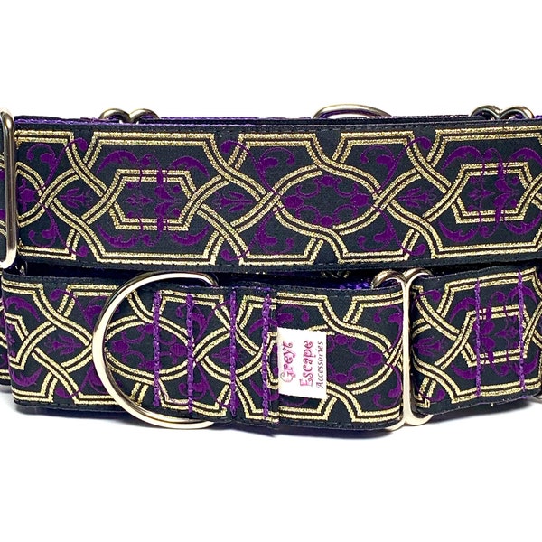 Martingale dog collar in a purple and metallic gold medieval renaissance design, Celtic dog collar, greyhound collar, Mystique