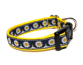 Yellow and navy blue floral dog collar with buckle 3/4" wide, adjustable dog collar, Sunset