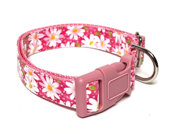 Pink and White Daisies Dog Collar with Buckle, Adjustable Floral Collar