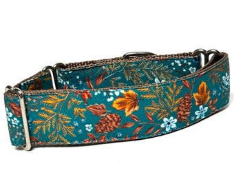 Teal Floral Martingale Dog Collar: Adjustable No-Slip Training Collar for Autumn - Fall Foliage Design