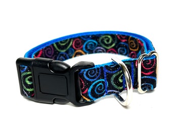 Dog collar in bold navy blue and fun brightly colored swirls with just a touch of glitter, Twist