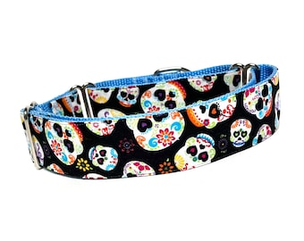 Dia De Los Muertos blue martingale dog collar, Day Of The Dead collar, skull martingale, skull collar, slip on collar,