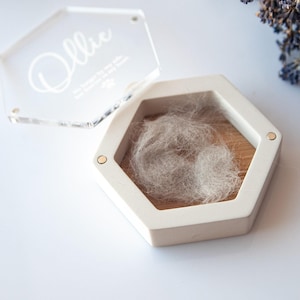 Hexagon Pet Remembrance Gifts Personalized | Dog Sympathy Hair Box with Magnetic Acrylic Lid | Gypsum and Oak Pet Keepsake for Fur Memorial
