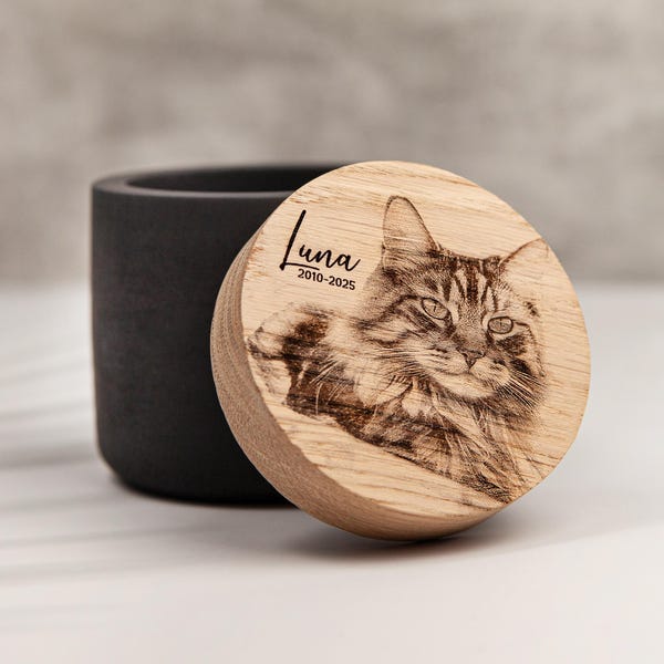 Personalized black Cat Urn: Engraved Wood Lid, Concrete Dog Memorial Keepsake