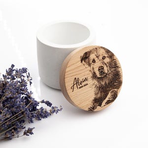 Concrete urn with oak lid and pet photo engraving for dog or cat.
