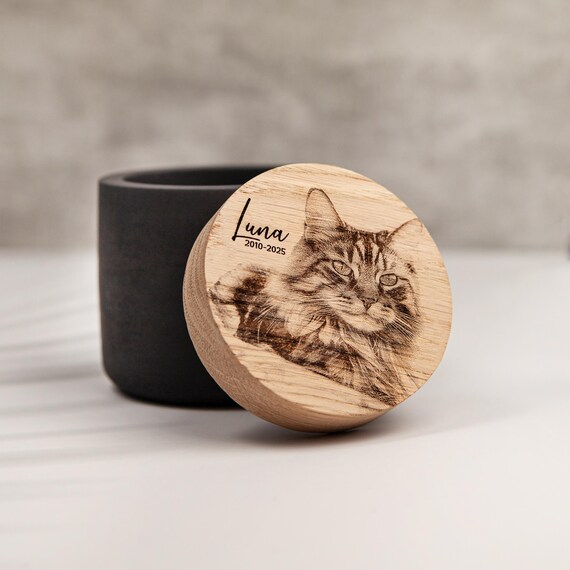 Black Pet Urn for cat ashes Concrete small, Dog Memorial Keepsake Custom Photo Engraved