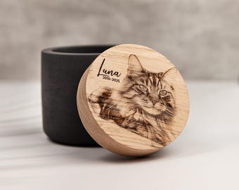 Dark Cat Urn with Portrait: Engraved Wood Lid, Concrete Dog Memorial Keepsake