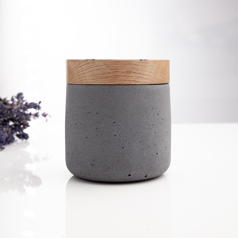 Personalized pet ashes urn, concrete with oak cover and photo engraving.