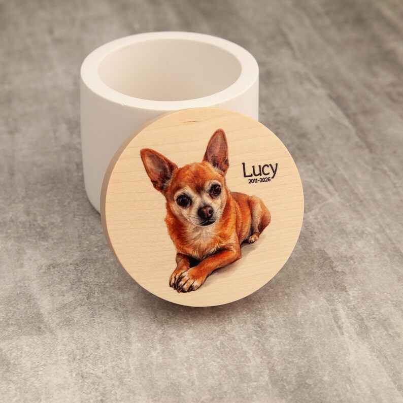 A wooden lid with a picture of a dog, specifically a chihuahua, and the name "Lucy" written on it.