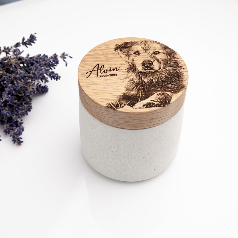 Pet urn for cat ashes, concrete and oak with custom photo engraving.