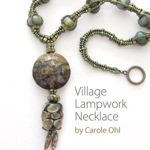 May include: A handmade Village Lampwork necklace by Carole Ohl. The necklace features a large, round, brown and green lampwork bead pendant with smaller, olive-green beads and a beaded chain. The necklace has a unique, artistic design.