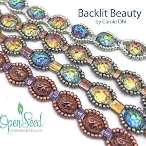May include: Four beaded bracelets with iridescent glass beads and metal accents. The bracelets are layered on a white background. The text "Backlit Beauty by Carole Ohl" is visible above the bracelets.