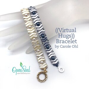 May include: Two beaded bracelets, one white and one silver, with a wave pattern. The bracelets have a gold and silver clasp. The text (Virtual Hugs) Bracelet by Carole Ohl is visible in the image.