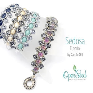 May include: Three beaded bracelets with different coloured beads and a silver metal base. The bracelets are stacked on top of each other. The bracelet on the bottom has a silver metal charm with a circle in the centre. The text "Sedosa Tutorial by Carole Ohl" and "OpenSeed openseed.etsy.com" is visible in the image.