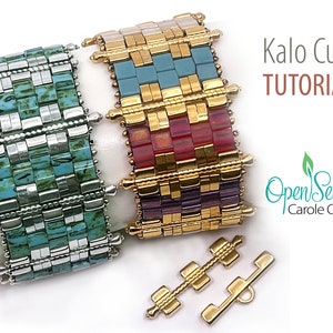 May include: Two beaded bracelets with gold accents and a gold clasp. The bracelets are made with turquoise, silver, and red beads. The text "Kalo Cuff TUTORIAL" is visible in the image.