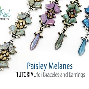 May include: A tutorial for making a bracelet and earrings using a paisley bead pattern. The image shows four examples of the finished jewelry pieces in different color combinations: green, purple, blue, and a multi-colored version.